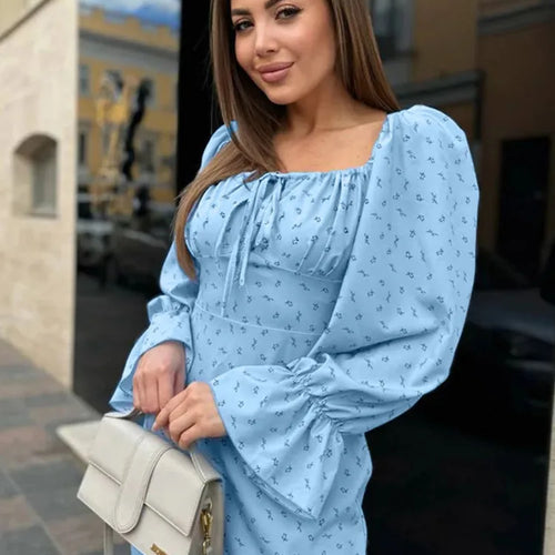 Load image into Gallery viewer, Elegant Single Shoulder Long Sleeve Printed Bodycon Dress Women Sexy Square Neck Slimming Holiday Beach Street Clothing
