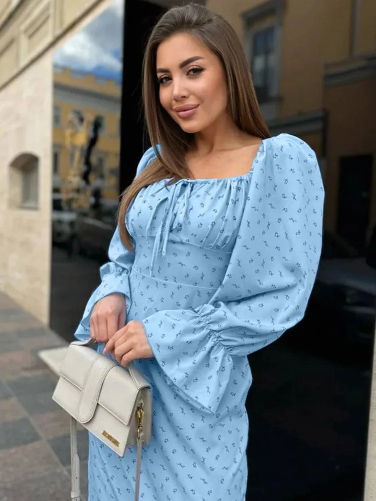 Elegant Single Shoulder Long Sleeve Printed Bodycon Dress Women Sexy Square Neck Slimming Holiday Beach Street Clothing
