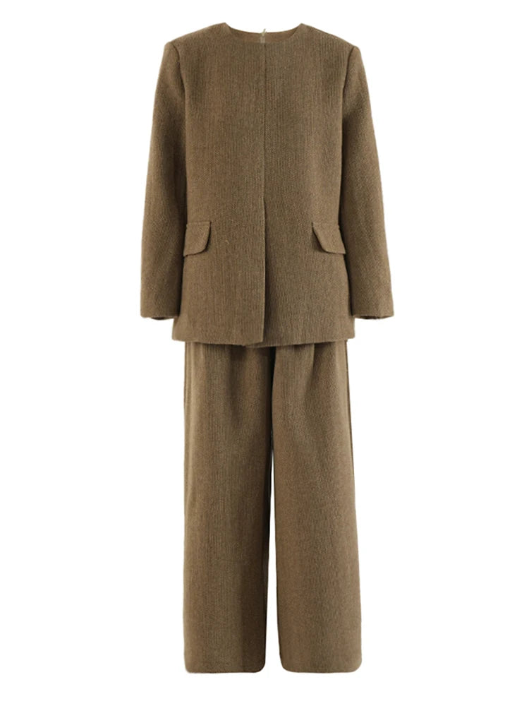 Big Size Khaki Blazer Wide Leg Pants Two Piece Suit New O-Neck Long Sleeve Women Fashion Tide Spring Autumn 2025 16O1911