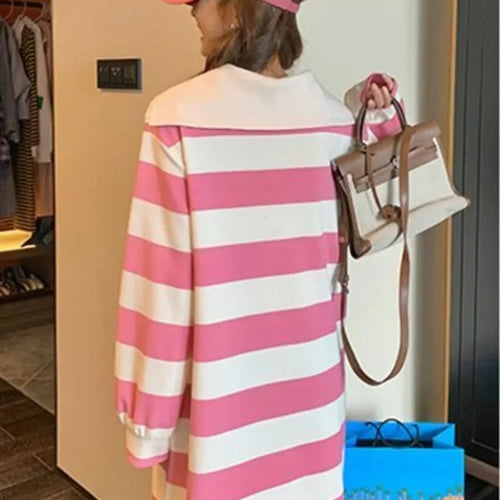 Load image into Gallery viewer, Autumn Korean Style Oversize Striped Zip Sport School Student Dress Kpop Streetwear Casual Loose Midi Dresses
