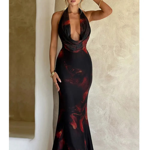 Load image into Gallery viewer, Sexy Sleeveless Deep V Printed Evening Dress For Women 2024Summer Hanging Collar Backless Dress Long Dress Holiday Party
