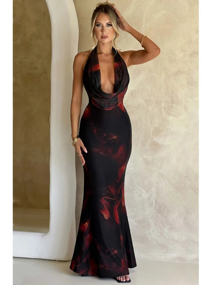 Sexy Sleeveless Deep V Printed Evening Dress For Women 2024Summer Hanging Collar Backless Dress Long Dress Holiday Party