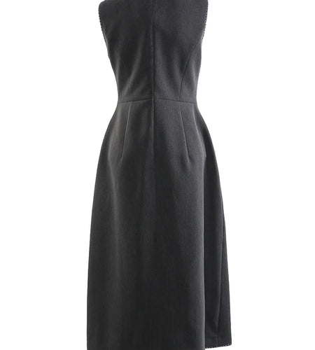 Women Gray Topstitched Mesh Elegant Shaped Long Dress New V-Neck Sleeveless Fashion Tide Spring Autumn 2025 1DJ0343