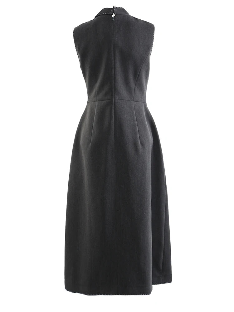 Women Gray Topstitched Mesh Elegant Shaped Long Dress New V-Neck Sleeveless Fashion Tide Spring Autumn 2025 1DJ0343