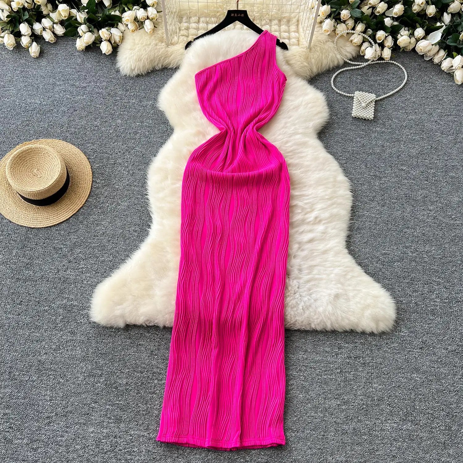 Summer Rose Red Sexy Sleeveless Backless Long Dress 2024 Women's Diagonal Collar Elegant Club Party Dress Simplicity Fashion New
