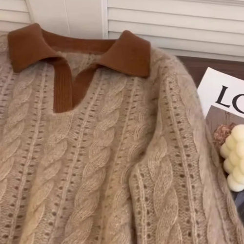 Load image into Gallery viewer, Autumn Winter Brown Patchwork Cotton Short Sweater Women Korean Elegent Long Sleeve Fashion Holiday Knitted Pullover Tops Trendy
