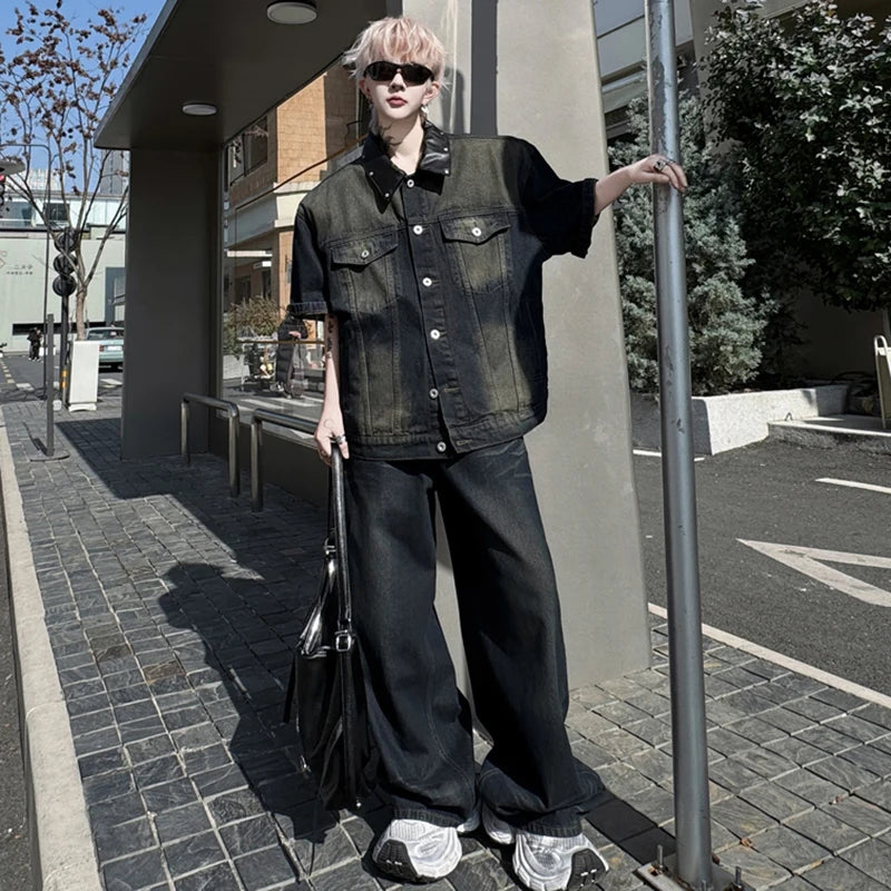 Men's Pants Set New Summer Split Leather Rivet Short Sleeve Denim Jacket Male Loose Gradient Color Tredny Trousers 9W1792