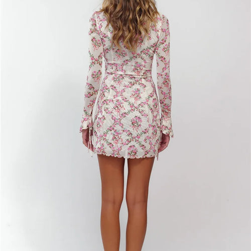 Load image into Gallery viewer, Deep V Neck Lace-up Print Sexy Mini Dress For Women Robe Elegant Long Sleeve High Waist Bodycon Floral Print Dress
