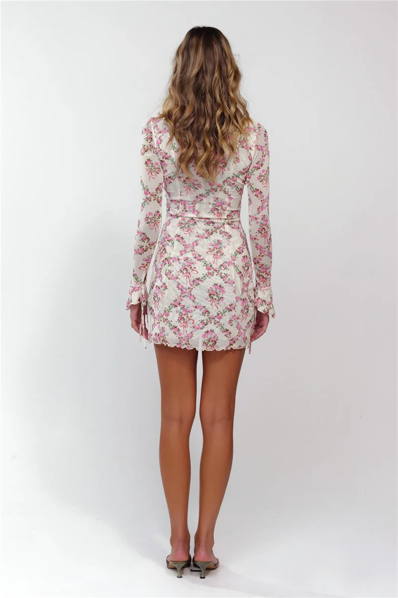 Deep V Neck Lace-up Print Sexy Mini Dress For Women Robe Elegant Long Sleeve High Waist Bodycon Floral Print Dress