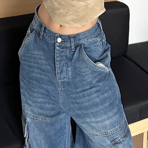 Load image into Gallery viewer, Patchwork Pockets Casual Loose Denim Pants For Women High Waist Spliced Button Streetwear Cargo Jeans Female
