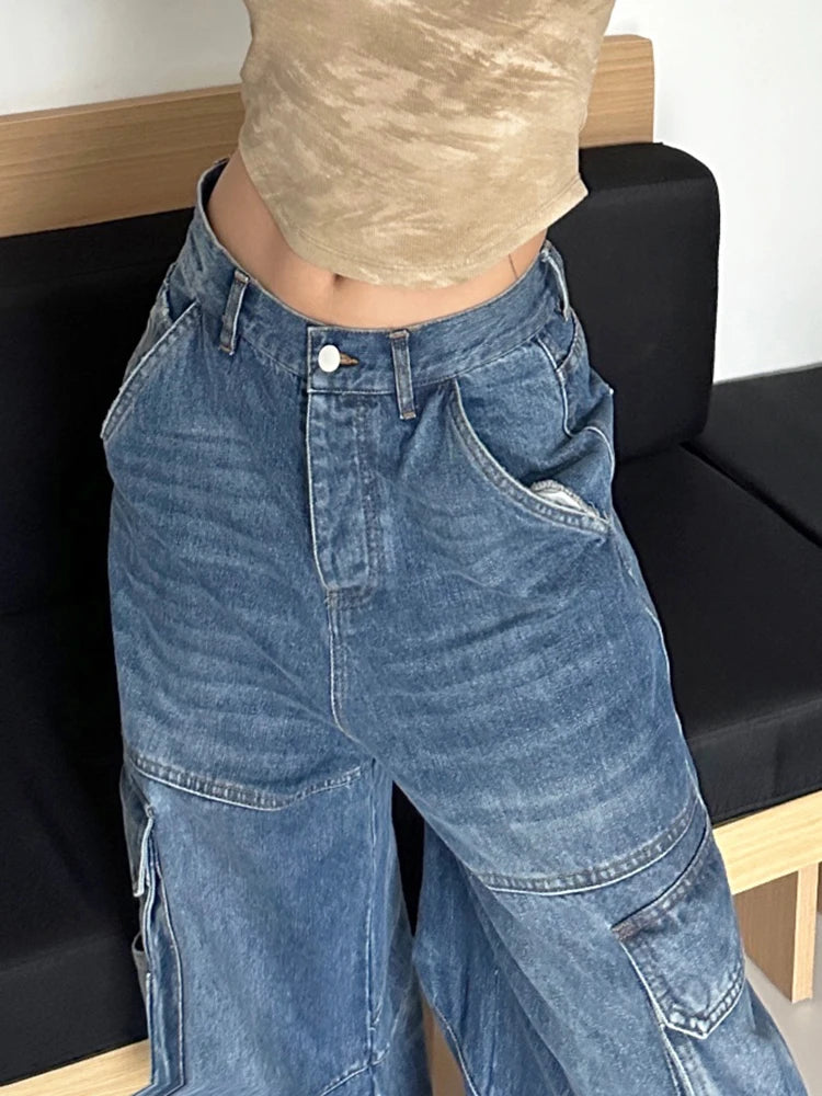 Patchwork Pockets Casual Loose Denim Pants For Women High Waist Spliced Button Streetwear Cargo Jeans Female