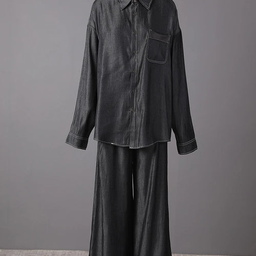 Load image into Gallery viewer, Big Size Gray Shirt Wide Leg Pants Two Piece Suit New Lapel Long Sleeve Women Fashion Tide Spring Autumn 2025 CPG3103
