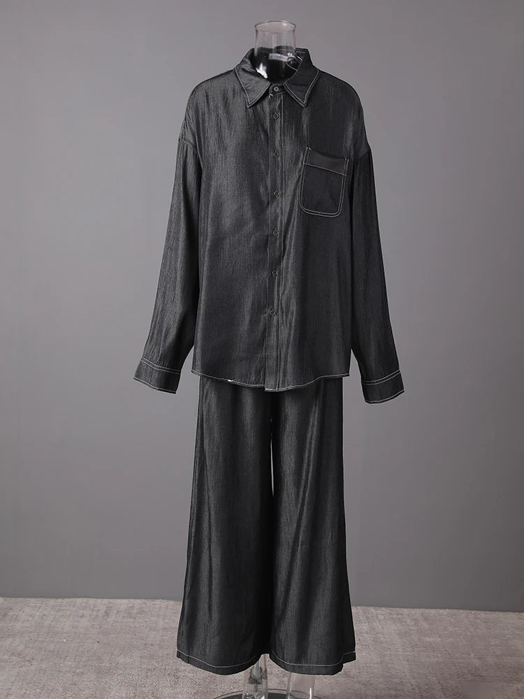 Big Size Gray Shirt Wide Leg Pants Two Piece Suit New Lapel Long Sleeve Women Fashion Tide Spring Autumn 2025 CPG3103