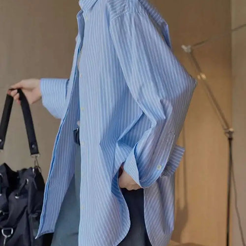 Load image into Gallery viewer, Women Blue Striped Vintage Big Size Blouse New Lapel Long Sleeve Loose Fit Shirt Fashion Tide Spring Autumn 2025 1DH1021
