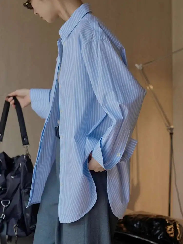 Women Blue Striped Vintage Big Size Blouse New Lapel Long Sleeve Loose Fit Shirt Fashion Tide Spring Autumn 2025 1DH1021