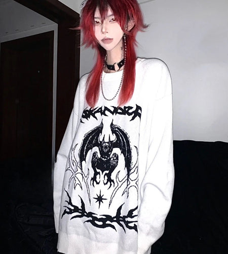 Oversized Harajuku Grunge Cartoon Jacquard Sweaters Streetwear Vintage Punk Jumpers Women Y2k Aesthetic White Casual Pullovers