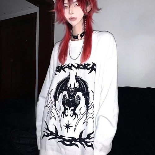 Load image into Gallery viewer, Oversized Harajuku Grunge Cartoon Jacquard Sweaters Streetwear Vintage Punk Jumpers Women Y2k Aesthetic White Casual Pullovers

