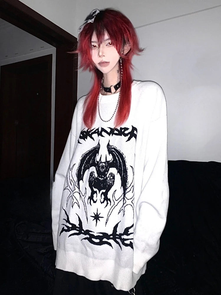 Oversized Harajuku Grunge Cartoon Jacquard Sweaters Streetwear Vintage Punk Jumpers Women Y2k Aesthetic White Casual Pullovers