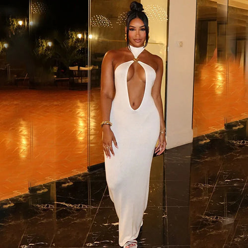 Load image into Gallery viewer, Halter Hollow Out Sexy Maxi Dress For Women Gown Fashion Off-shoulder Sleeveless Backless Bodycon Beach Club Dress
