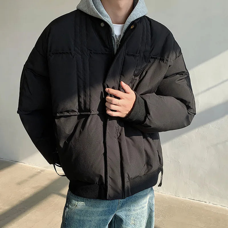 American Round Collar Cotton Jackets Men Thickened Fashion Casual Solid Color Niche Design Button Pocket 2024 Winter 9C8960