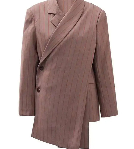 Women Brown Striped Irregular Elegant Big Size Blazer New Lapel Long Sleeve Jacket Fashion Tide Spring Autumn 2025 CPDB202