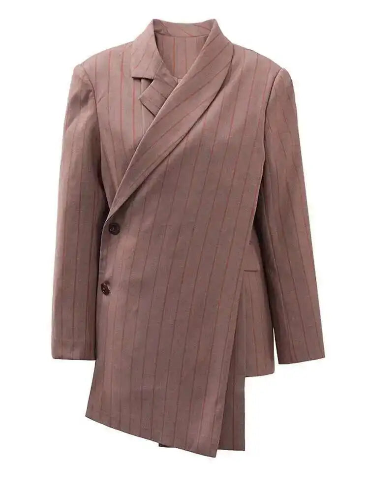 Women Brown Striped Irregular Elegant Big Size Blazer New Lapel Long Sleeve Jacket Fashion Tide Spring Autumn 2025 CPDB202
