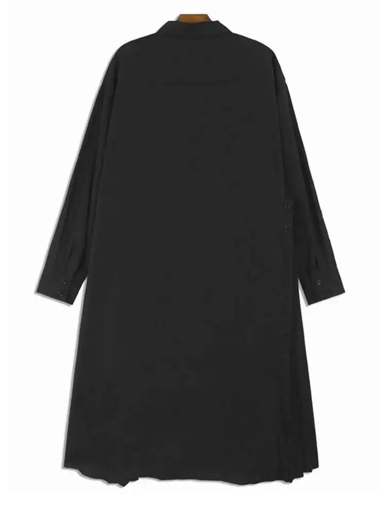 Women Green Hem Irregular Pleated Big Size Shirt Dress New Lapel Long Sleeve Fashion Tide Spring Autumn 2025 1DH6769