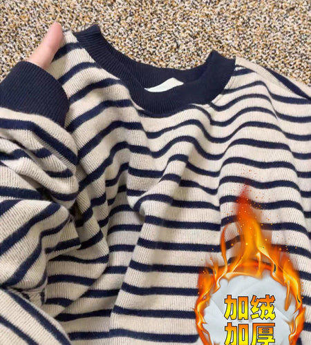 Korean Women Beige Striped Pullovers Velvet Sweater Casual Autumn Winter New Knitted Loose O-neck Long Sleeve Elegant Tops Thick