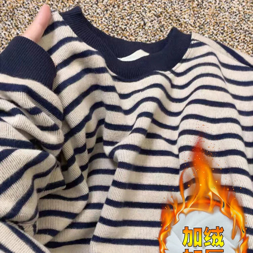 Load image into Gallery viewer, Korean Women Beige Striped Pullovers Velvet Sweater Casual Autumn Winter New Knitted Loose O-neck Long Sleeve Elegant Tops Thick
