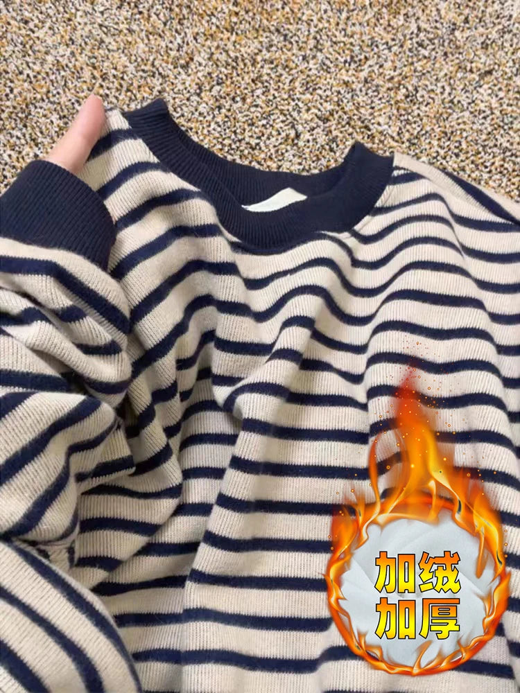 Korean Women Beige Striped Pullovers Velvet Sweater Casual Autumn Winter New Knitted Loose O-neck Long Sleeve Elegant Tops Thick