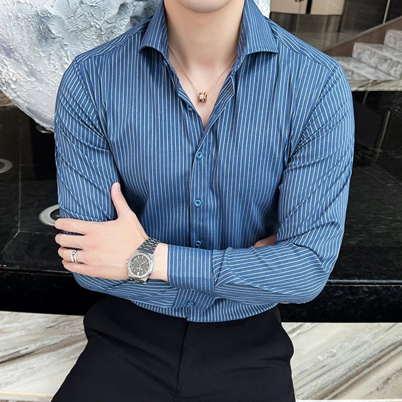 Men's Long Sleeve Shirt New Spring Business Windsor Collar Stylish Striped Male Single Breasted Clothing Handsome 9W1872