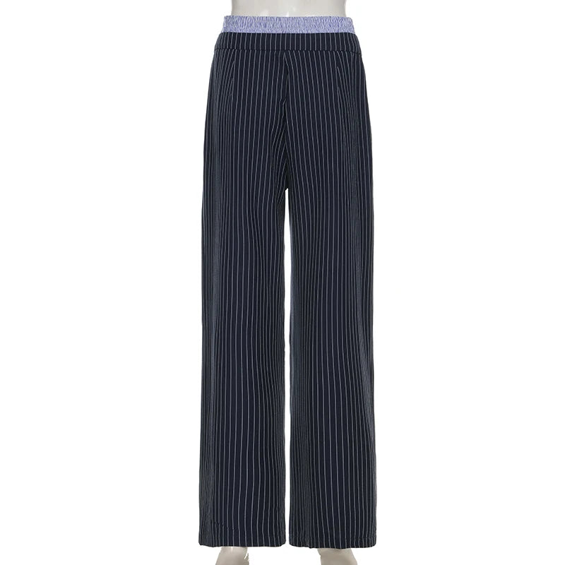 Streetwear Striped Waist Patched Straight Leg Pants Women's Harajuku Botton-Fly Full Length Trousers 2025 New Bottoms