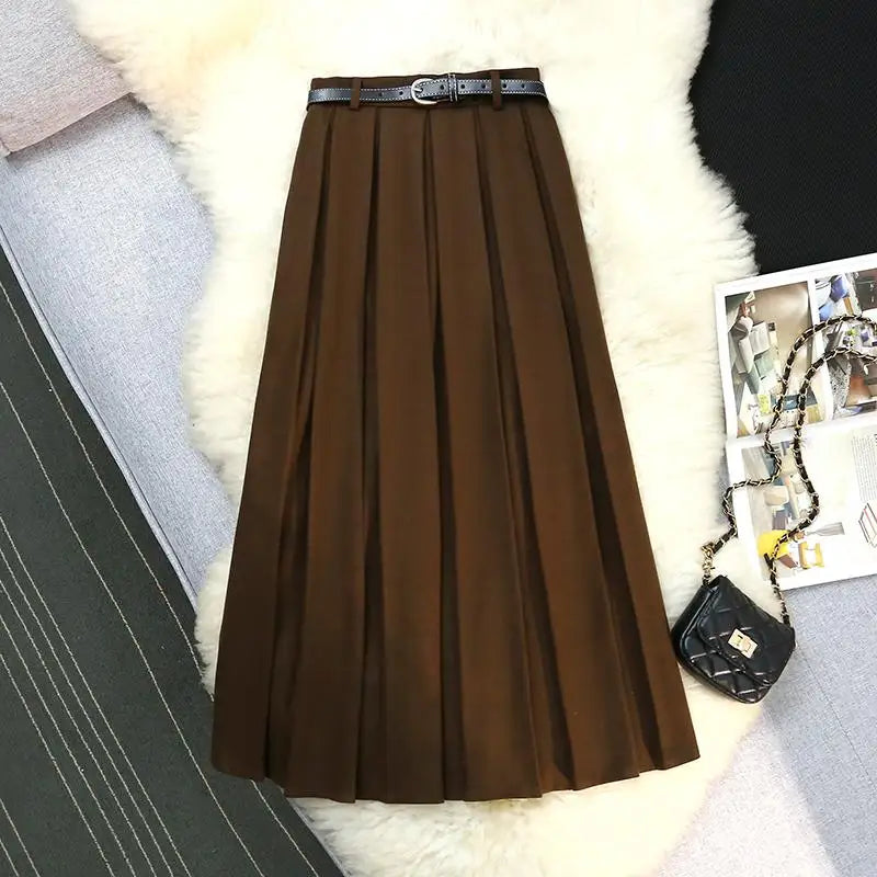 Korean Black Woolen Skirt Women Elegant Brown Autumn Winter High Waist A-line Office Fashion Gray Zippered Pleated Long Skirts