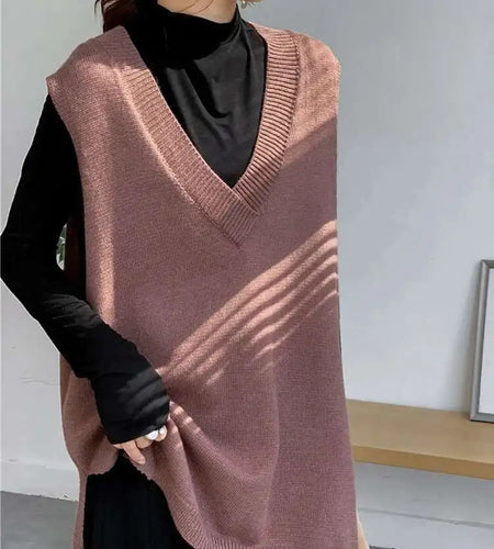Coffee Color Big Size Knitting Sweater Loose Fit V-Neck Sleeveless Women Pullovers New Fashion Autumn Winter 2025 1Y21116