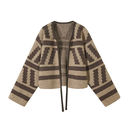 Load image into Gallery viewer, Vintage Women Black Brown Patchwork Short Knitted Lace-up Cardigan Loose Sweater 2024 Autumn Winter V Neck Long Sleeve Tops Chic
