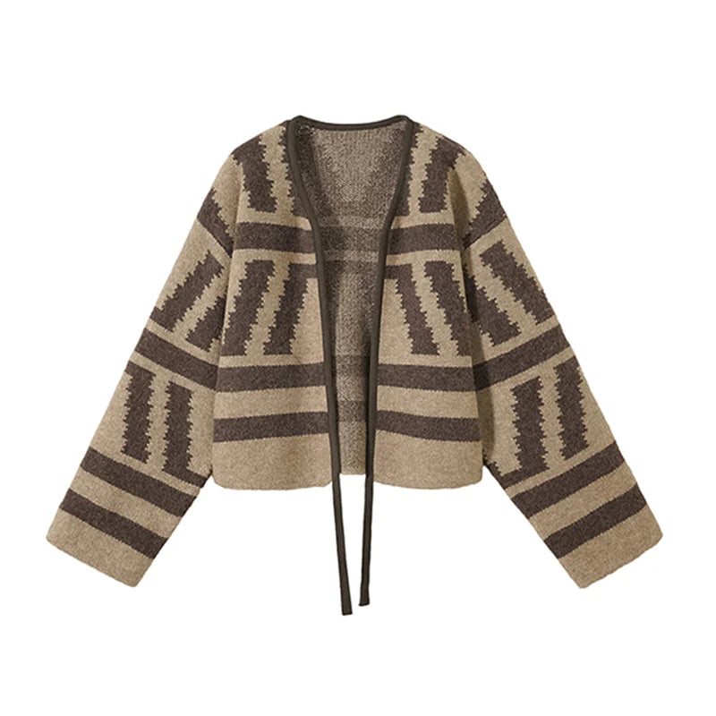 Vintage Women Black Brown Patchwork Short Knitted Lace-up Cardigan Loose Sweater 2024 Autumn Winter V Neck Long Sleeve Tops Chic