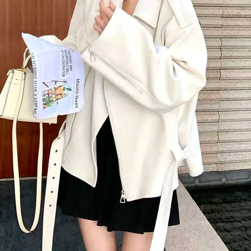 Load image into Gallery viewer, Beige Suede Belted Big Size Casual Jacket New Lapel Long Sleeve Women Coat Fashion Tide Spring Autumn 2025 1DH9701
