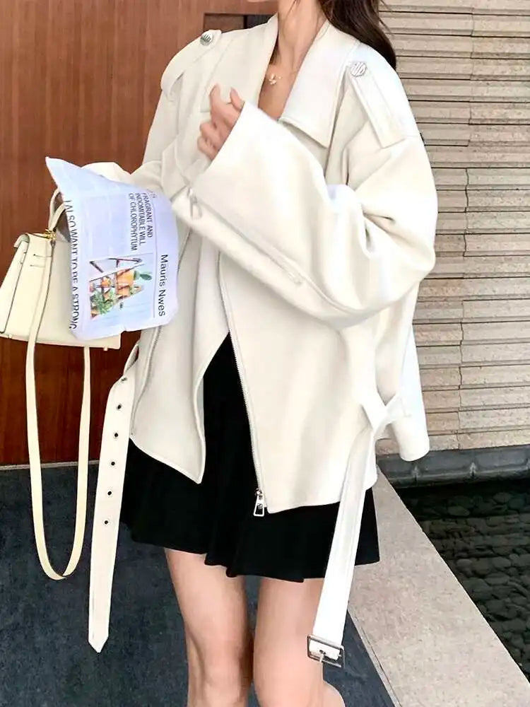 Beige Suede Belted Big Size Casual Jacket New Lapel Long Sleeve Women Coat Fashion Tide Spring Autumn 2025 1DH9701