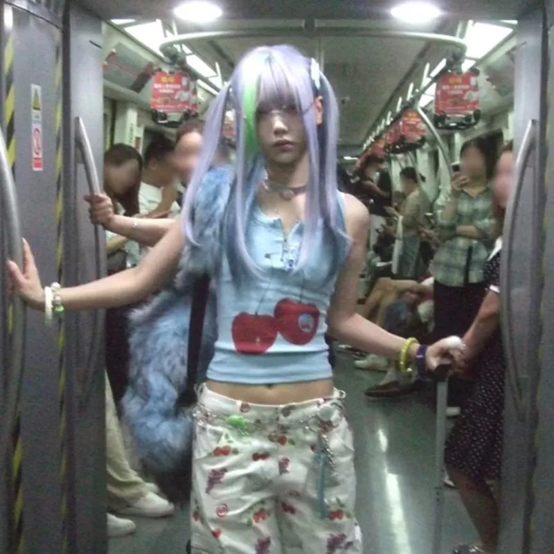 Japanese Y2k Tank Top Vintage Harajuku Ribbbed Top Trashy 2000s Zipper Tanktop Grunge Aesthetics Crop Top American Retro