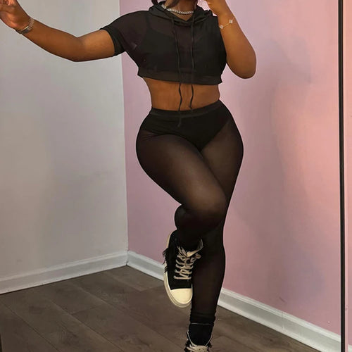 Load image into Gallery viewer, Mesh Casual Women 2 Piece Set Tracksuit Hooded Drawstring Crop Tops+Leggings Fitness Skinny Matching Streetwear Outfits
