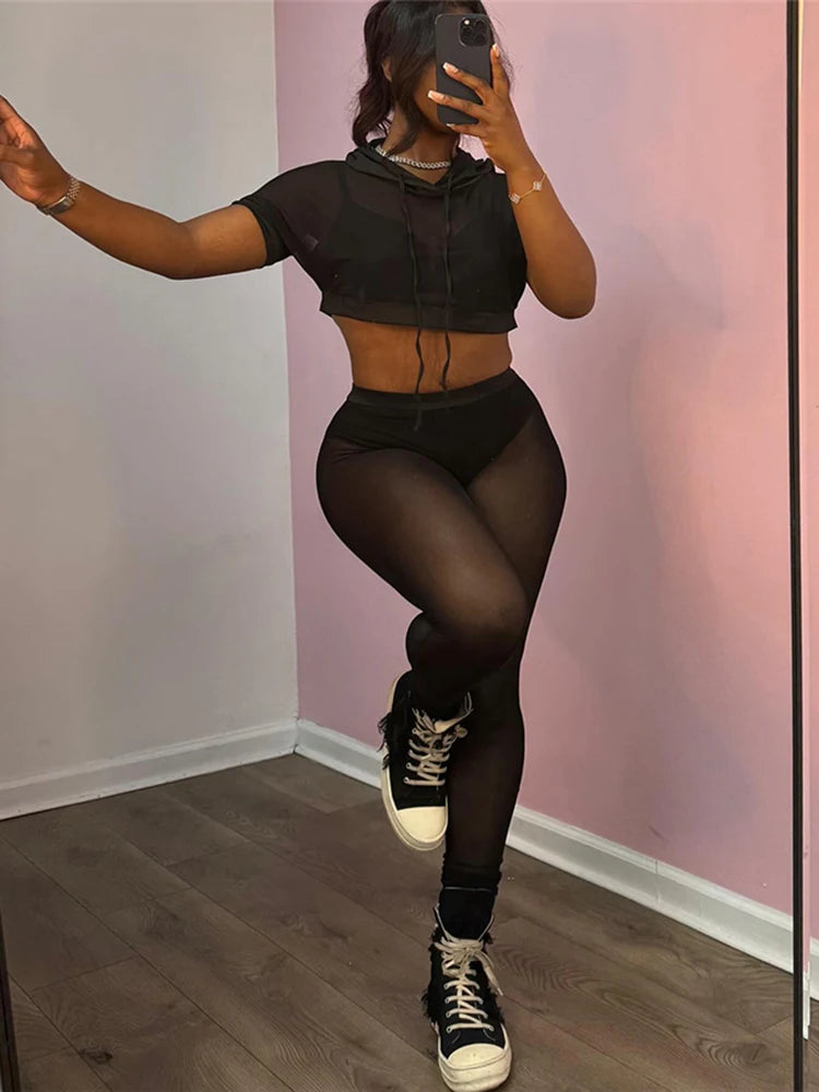 Mesh Casual Women 2 Piece Set Tracksuit Hooded Drawstring Crop Tops+Leggings Fitness Skinny Matching Streetwear Outfits