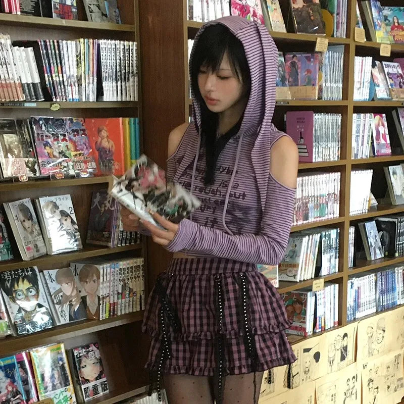 Japanese Y2k Hooded T-shirt Vintage 2000s Style Rabbit Ears Tops Harajuku Purple Striped Hollow Out Tops Grunge Lolita