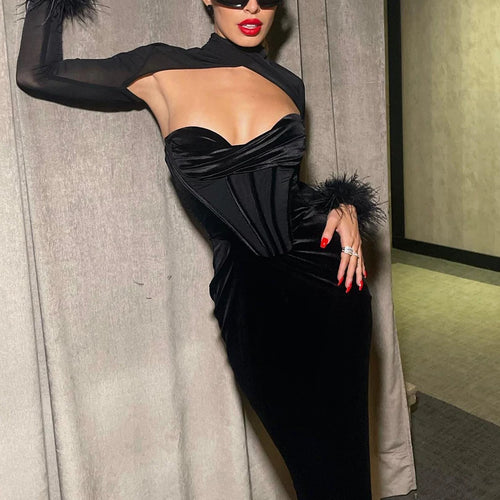 Load image into Gallery viewer, Feather Mesh Long Sleeve Patchwork Velvet Hollow Out Elegant Sexy Maxi Dress 2022 Winter Birthday Party Y2K Outfit
