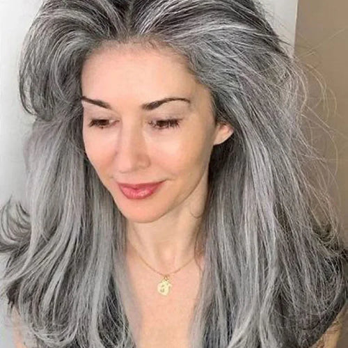 Load image into Gallery viewer, Synthetic Wig With Curtain Bangs Long Layered Wig Natural Silver Gray Wigs Women Salt and Pepper Hair Halloween Costume
