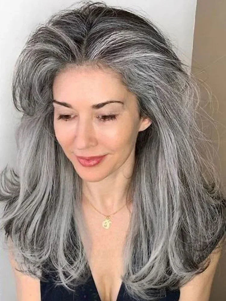 Synthetic Wig With Curtain Bangs Long Layered Wig Natural Silver Gray Wigs Women Salt and Pepper Hair Halloween Costume