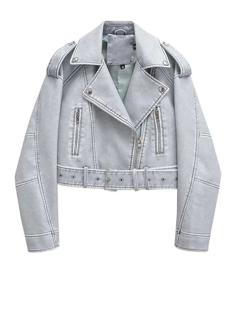 Gray Big Size Casual Short PU Leather Jacket New Lapel Long Sleeve Women Coat Fashion Tide Spring Autumn 2025 1DH8478