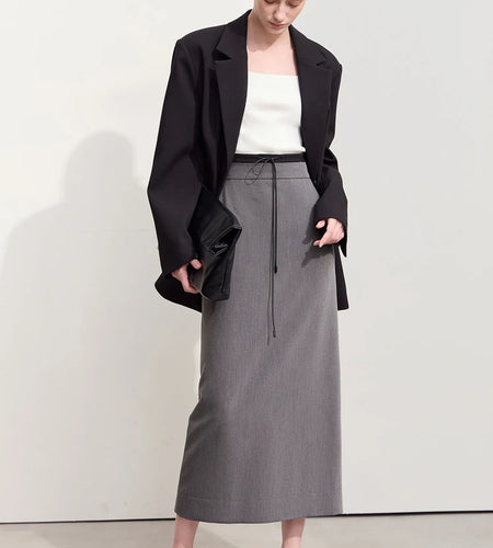 Minimalism Skirts For Women 2024 Autumn New Commuter Contrast Stitching With Waist Rope Lady Split Straight Skirt 12443027