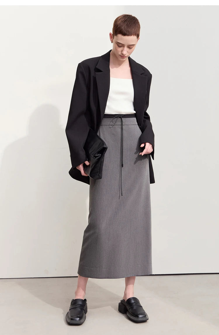 Minimalism Skirts For Women 2024 Autumn New Commuter Contrast Stitching With Waist Rope Lady Split Straight Skirt 12443027