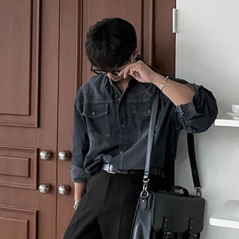 Men's Denim Shirt Solid Color Male Spring Single Breasted Shirts New Korean Turn-down Collar Loose Trendy Top 9W1450