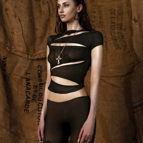 Load image into Gallery viewer, Hollow t-Shirts Women o-Neck Skinny Elasticity Sexy Summer New Trend Midnight Hip-Hop Style Versatile Classic Mini Tops
